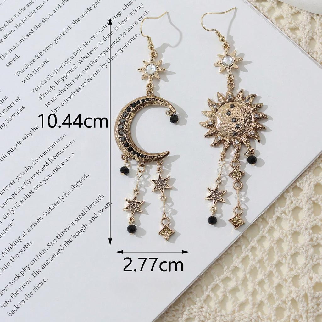 1 paar Vintage Bohemian Stijl Zon Maan Sterren Kwast Druppel Oorbellen Met Strass Voor Vrouwen, Feest Cadeau Dagelijkse Draagtijd