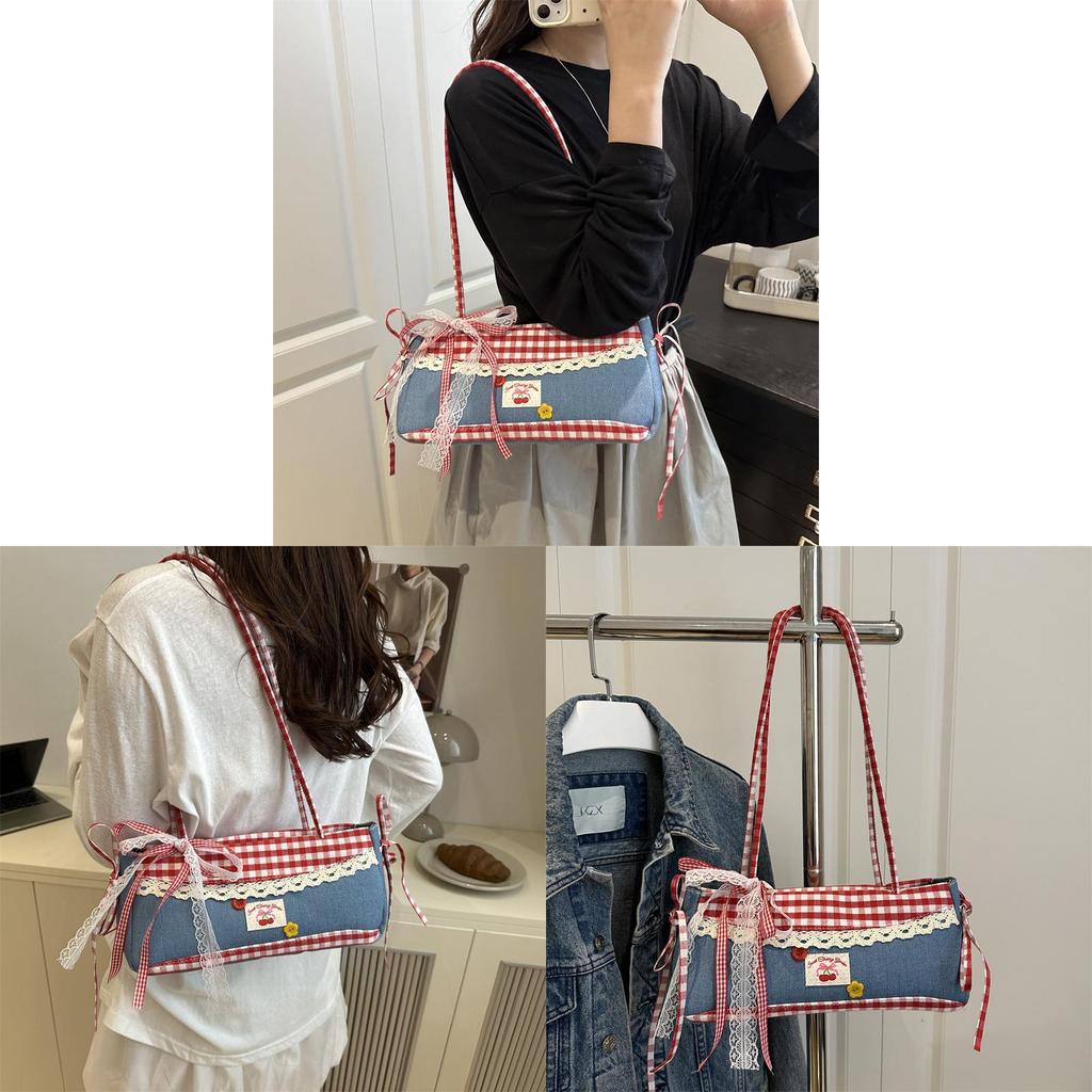 Street Style Small Crossbody Bag With Denim Red Plaid Pattern For Daily Use