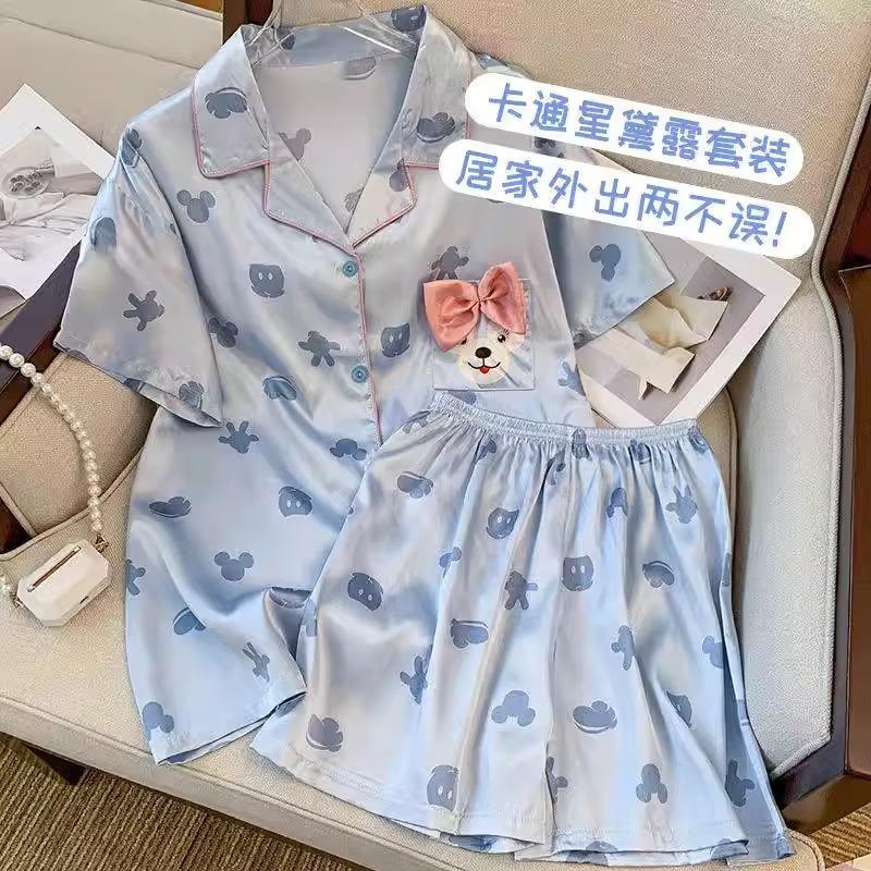 Summer Pajamas Women'S Short Sleeves Cute Large Size Wind Simulation Silk Shorts Set Advanced Sense