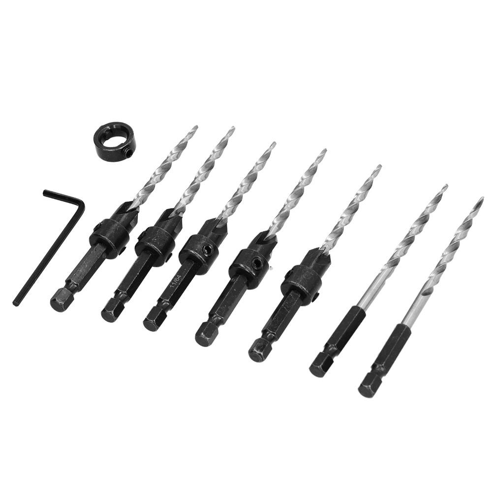 Durable 9PCS 1/4 Inch Hex Shank Countersink Drill Bit Set Adjustable Depth Stop Quick Change Counter Sinker Drill Bit Tapered