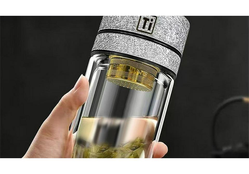 Titanium Lid Double-Layer Glass Tea & Water Separation Mug with One-Button Open - Portable Business Cup for Men