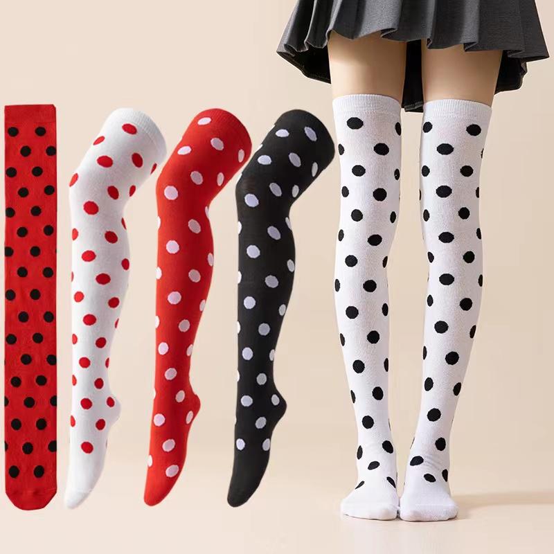 Lange Socken Damen Über dem Knie Gestreift Oberschenkelhoch Strümpfe Gepunktet Damen Schwarz Weiß Rosa Lolita Harajuku