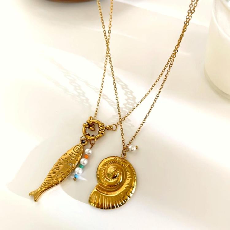 Stackable Beach Necklace Stainless Steel Conch/Fish Pendant Neckchain Jewelry For Women Everyday Wear