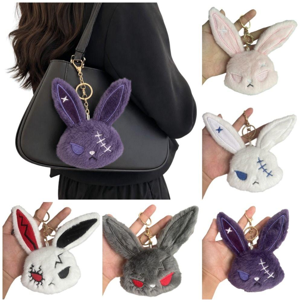 Dark Style Plush Rabbit Keyring Animal Wounded Rabbit Keychain Fluffy Backpack Pendant Daily Use