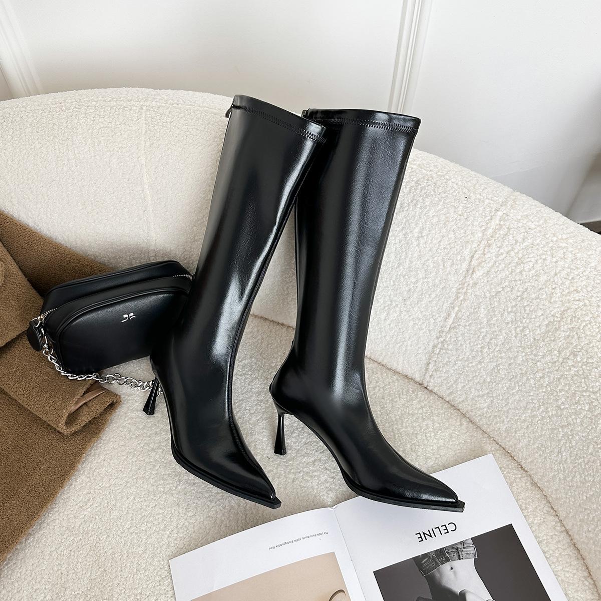 

6900-1 Korean temperament pointed high-heeled boots thin boots thin heels autumn and winter high boots but knee boots women 35 чёрный