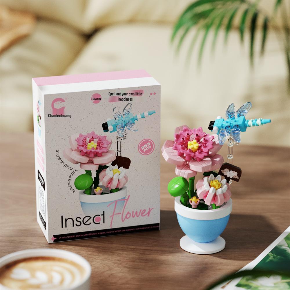 Cross-Border Compatible Mini Building Blocks: Rose Flower, Insect, Succulent Potted Plant Puzzle Toy for Girls
