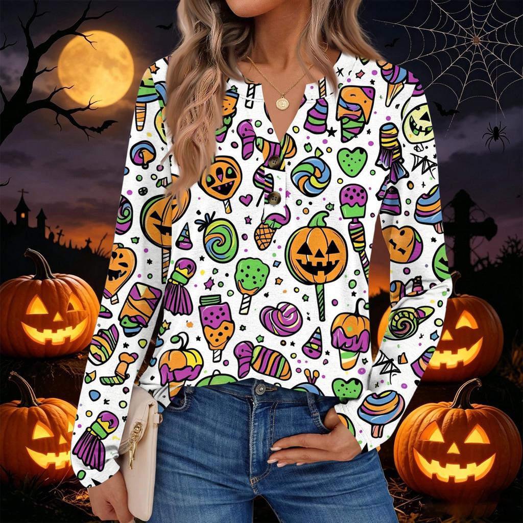 Women's Halloween Print Long Sleeve Shirt Casual Blouse
