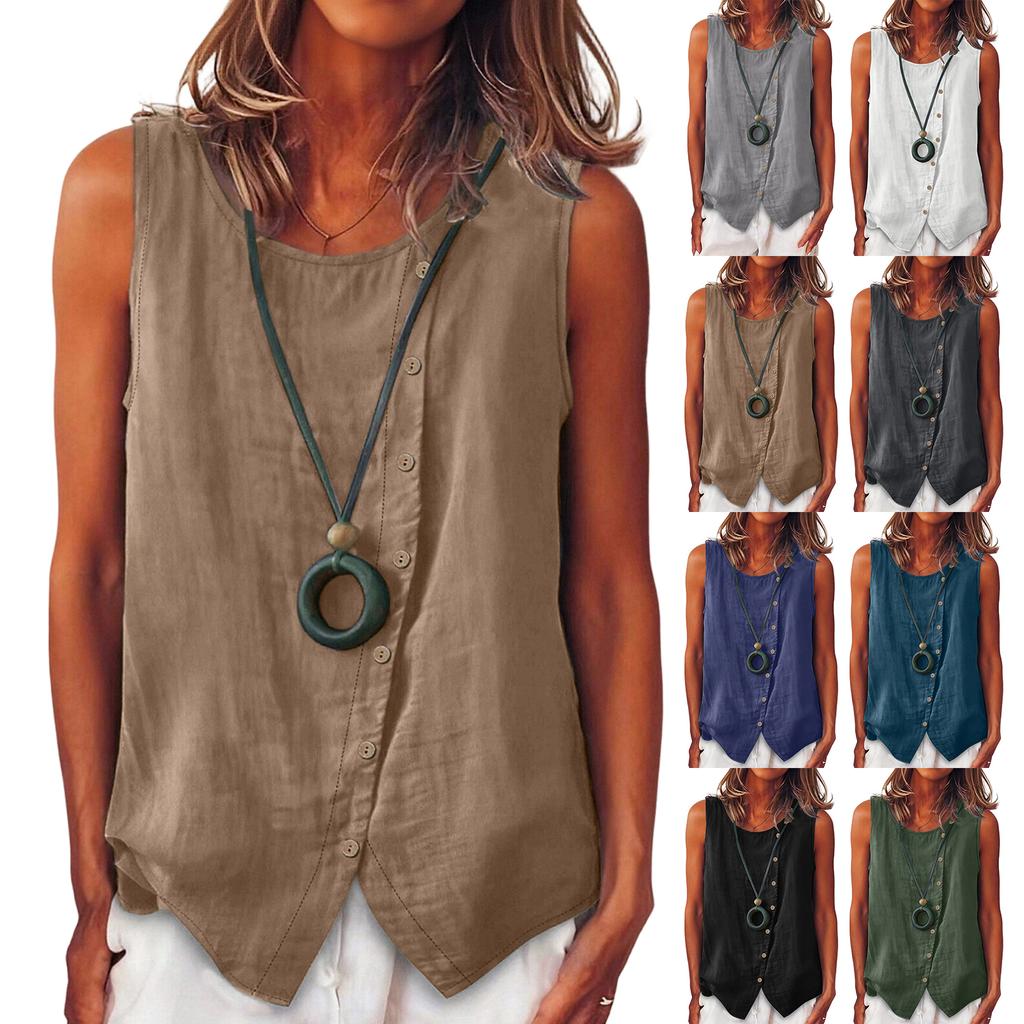 Women's Sleeveless Button-Up Shirt Loose-Fit Vest Top With Single Side Button