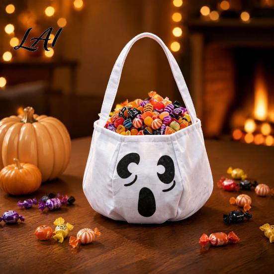 Sturdy Fabric Candy Buckets Halloween Trick or Treat Bag Funny Ghost Expressions Non-woven Handbag Accessories Lightweight for Kids Party Favors And
