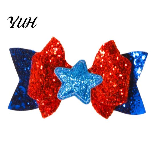 Holiday Photo Props Independence Day Bow Hair Clip for Girls, Red Blue White Glitter Hairpin, Double Layer Cute Styling Clips with Sequins Star,