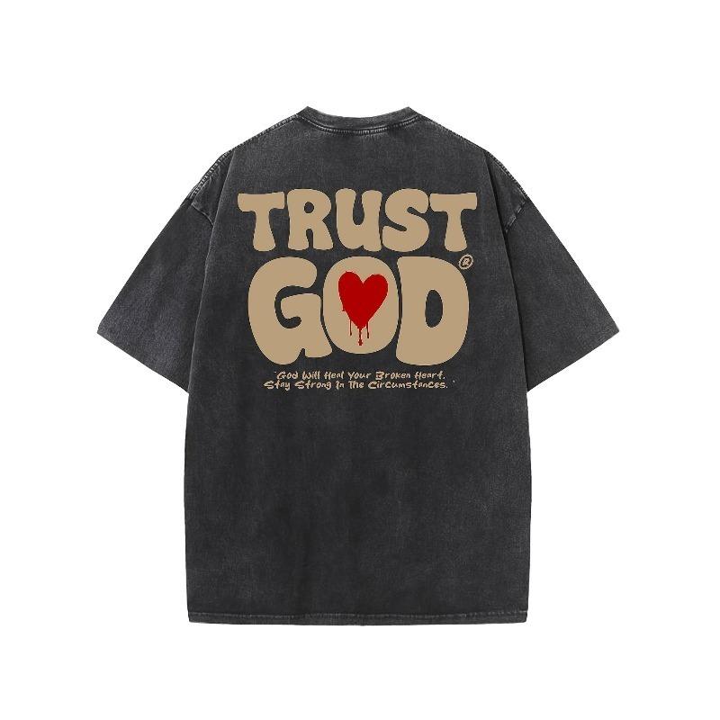 

European sizes Trust God Vintage Washed High Quality Cotton Patterned T-Shirt Men s T-Shirt Old Summer Clothing Drop Shoulder Sleeve Round Neck Tops S чёрный