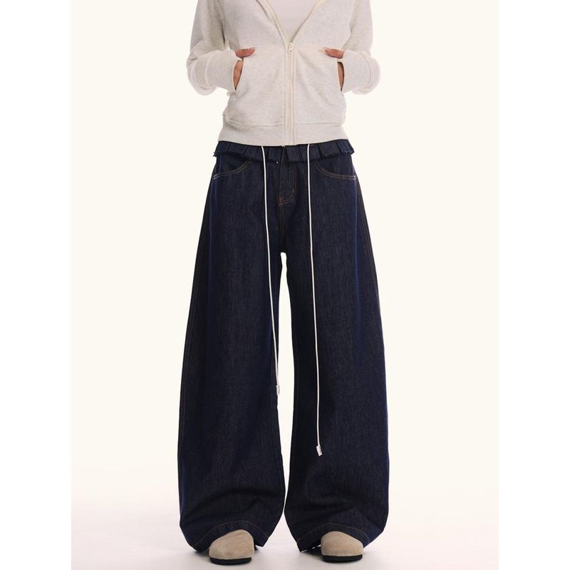 0123Start Waist-Stitched Flared Hem Jeans Unisex Loose American Retro Baggy Scimitar Pants Trendy