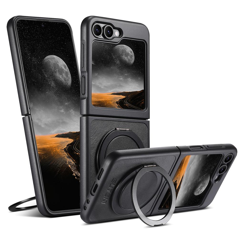 SUTENI G3 Hülle für Samsung Galaxy Z Flip5 5G Kompatibel mit MagSafe Wachsartige Textur Drehbarer Aufsteller Leder Handy Rückseite