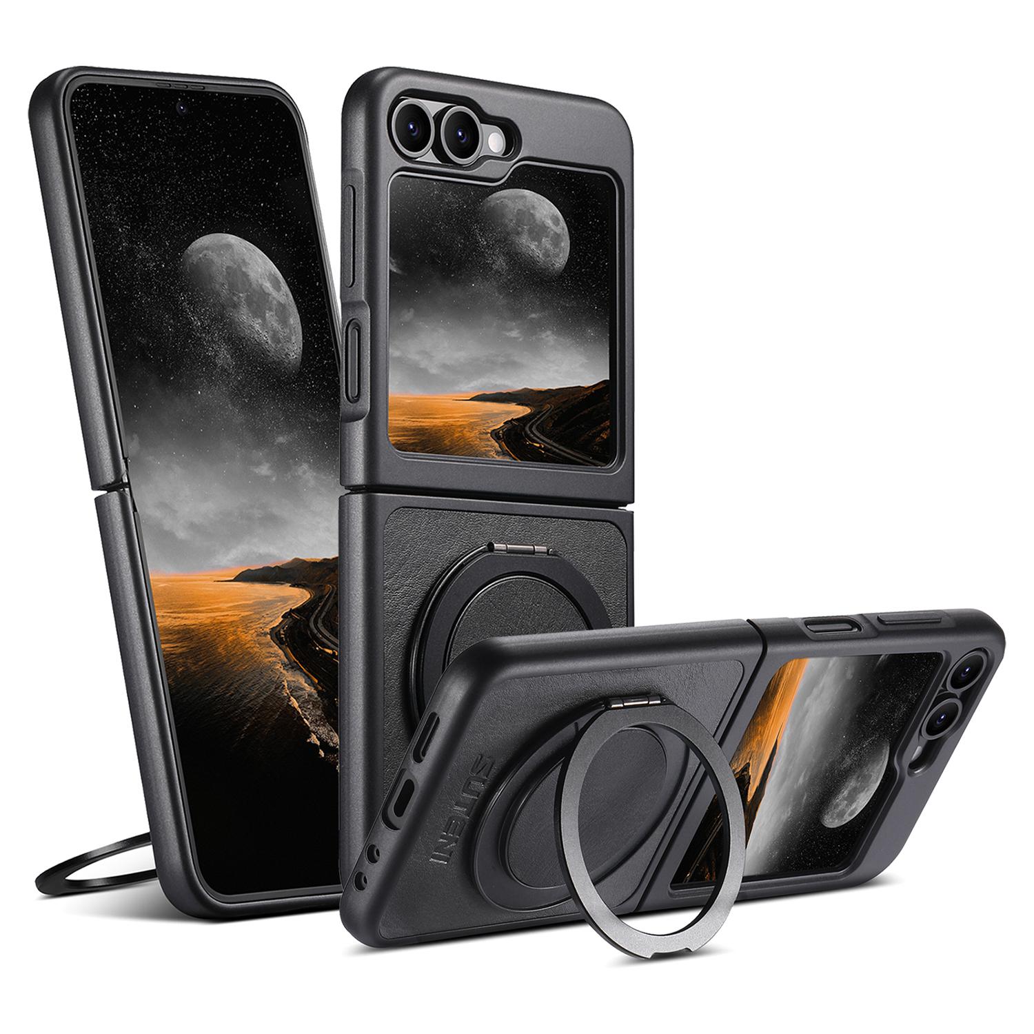 

SUTENI G3 Чехол для Samsung Galaxy Z Flip5 5G, совместимый с MagSafe, восковая текстура, вращающаяся подставка, кожаная задняя крышка для телефона Black