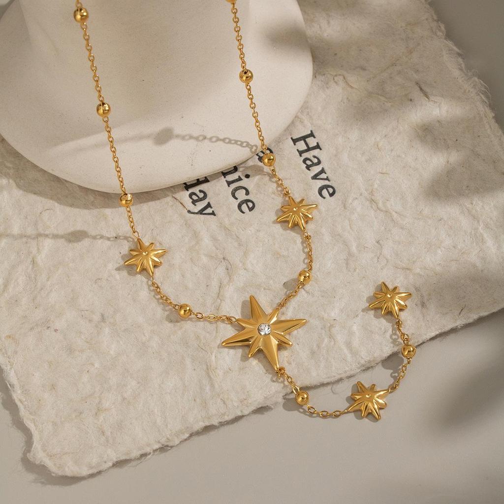 Collier Y-Chain à pampilles étoile à huit branches élégante Xia Ling, Acier inoxydable, Plaqué or 18 carats, Bijou polyvalent pour femmes
