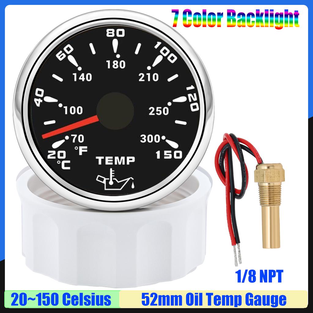 20~150℃ 7 Color Light 52mm Oil Temperature Gauge with Sensor 1/8NPT M14X1.5 Oil Temp Meter for Car Marine Boat 12V 24V Custom