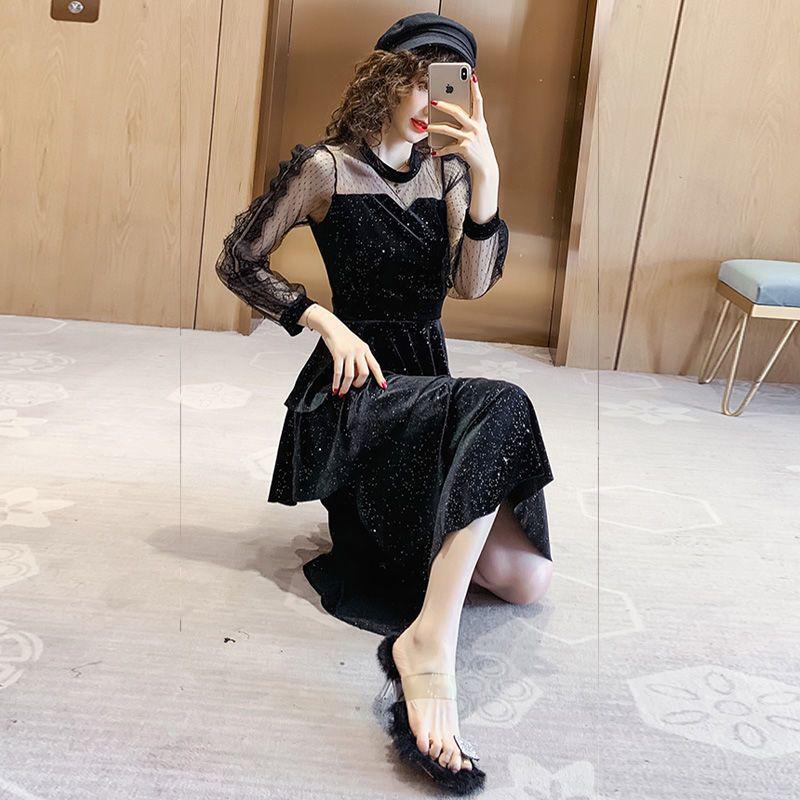 2026 A/W Sequined Mesh Patchwork Gold Velvet Slimming Dress