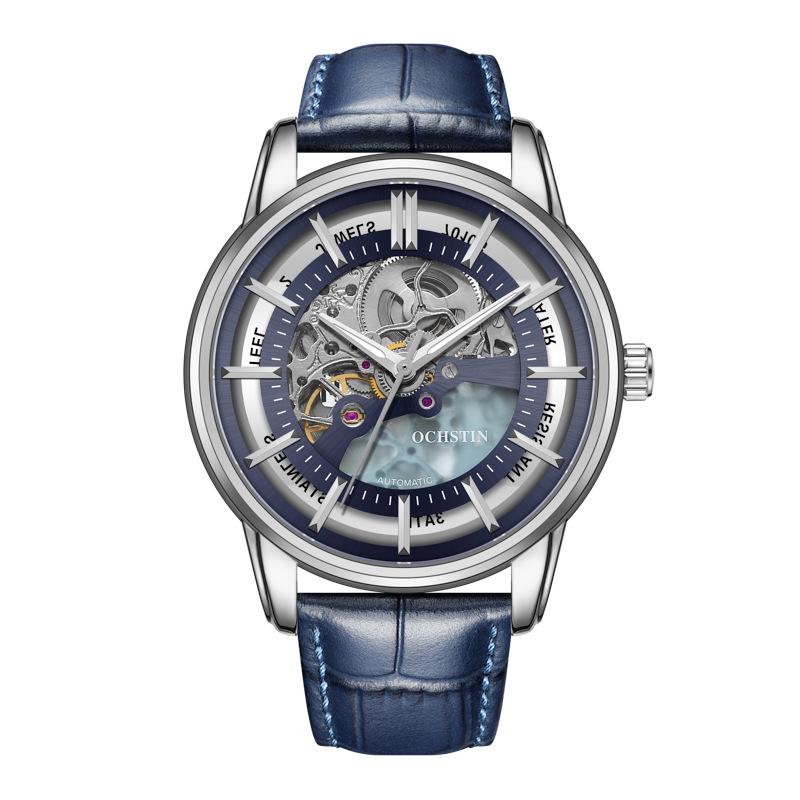 OCHSTIN Men's Skeleton Mechanical Watch - Genuine Leather, Waterproof, Fashionable Business Casual Wristwatch