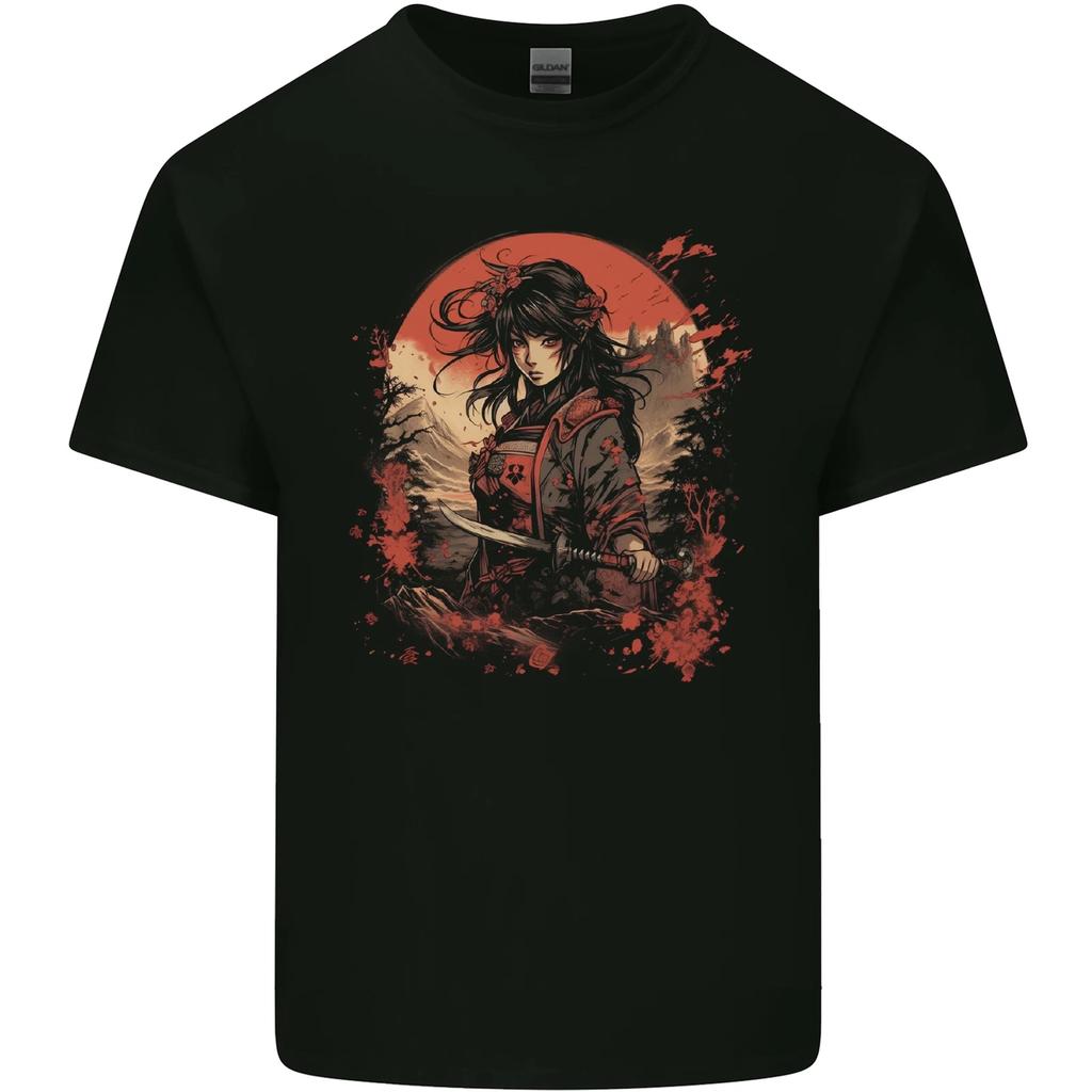 Anime Samurai Girl Fantasy Warrior Mens Cotton T-Shirt Tee Top