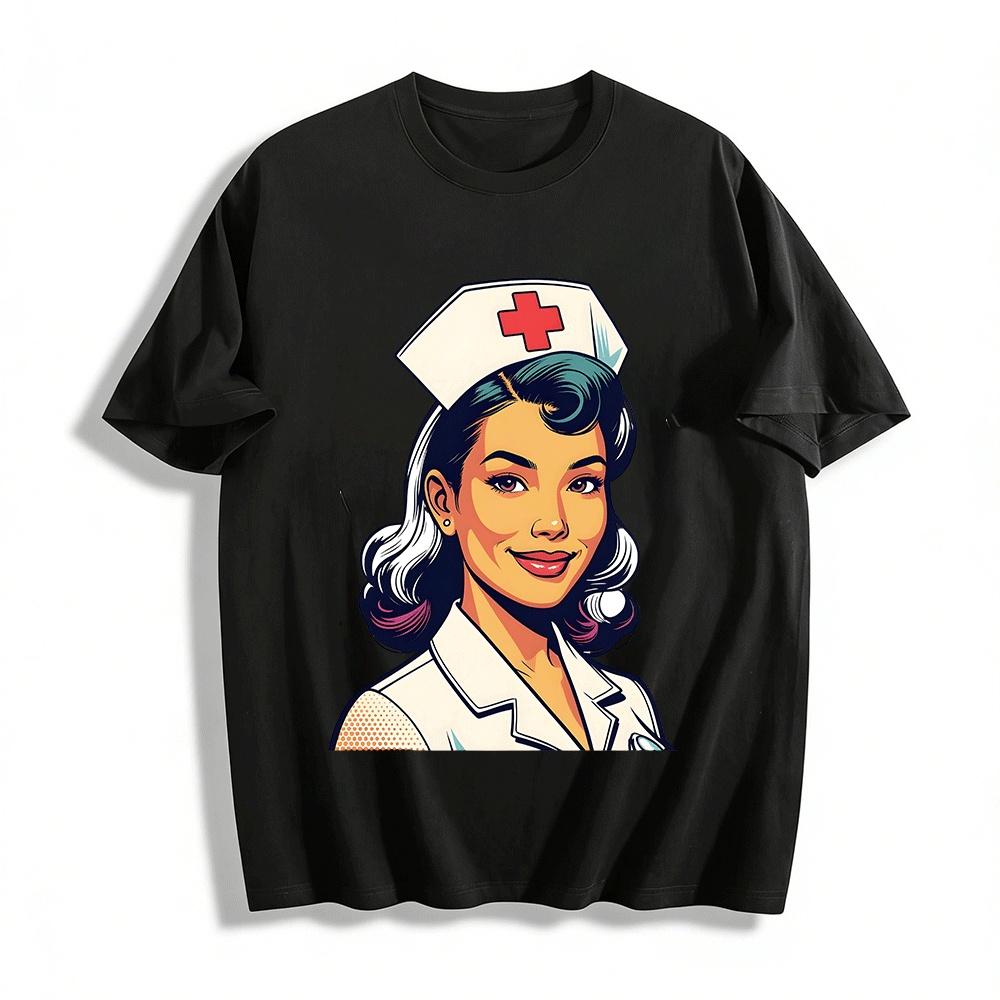 

Vintage Red Cross Nurse Print Casual Top Pure cotton T-shirt 6XL
