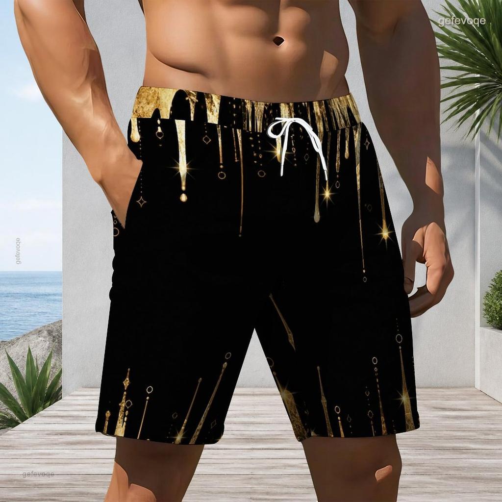 Mens Black Gold Glitter Drip Print Quick Dry Beach Shorts Plus Size Drawstring Loose Swim Trunks For Summer Surfing Swimming Vacation