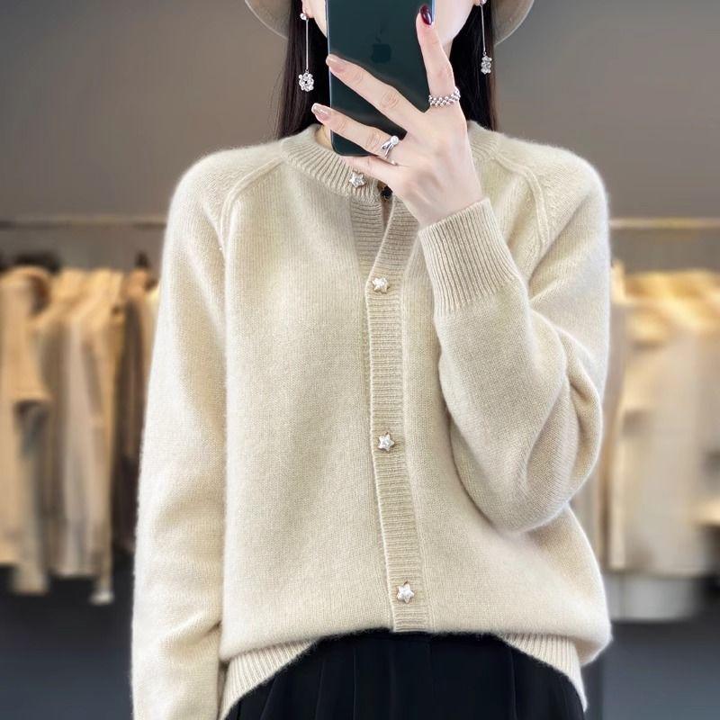 Women's Lazy Style Crew Neck Star-Button Knit Cardigan Sweater Undershirt Jacket
