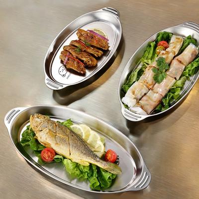 Fischgericht aus Edelstahl, dampfender Fischteller, ovale Platte, verdickter Hauptgerichtteller, Snack-Dessert-Serviertablett