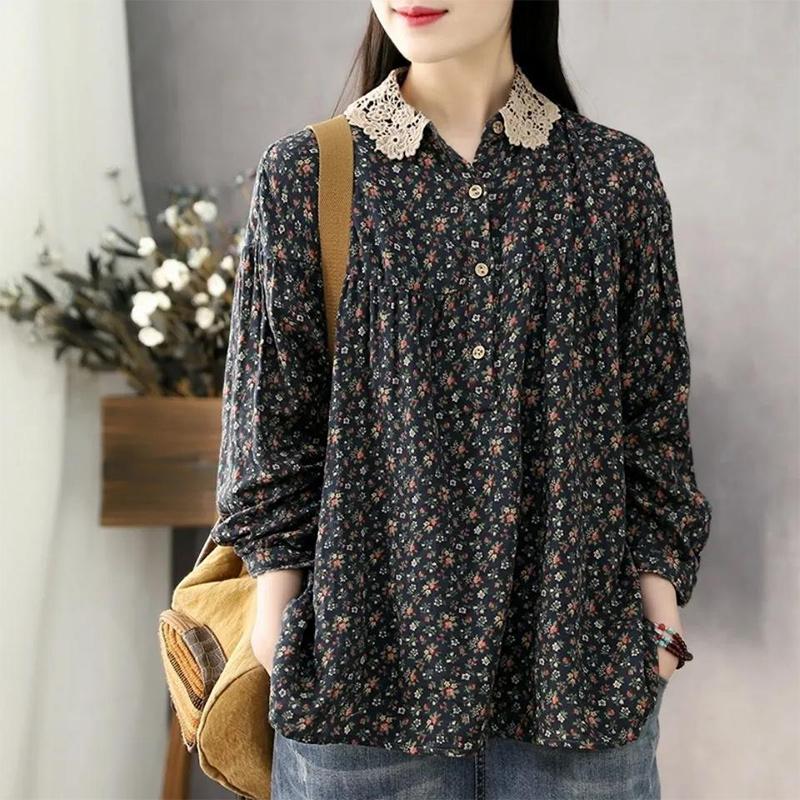 Spring Autumn Lace Patchwork Shirt Women Floral Print Shirt Ladies Loose Casual Vintage Long Sleeve Pullover Top