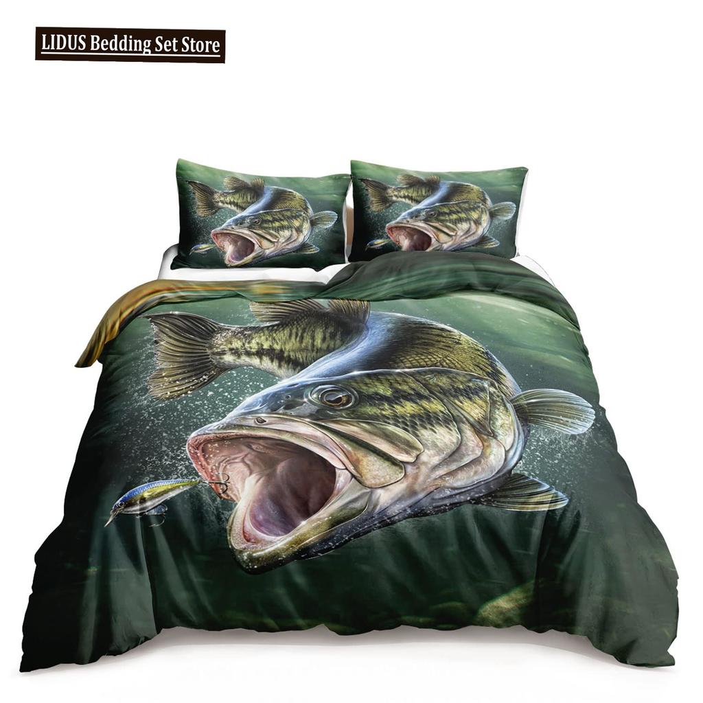 Pike Fish Bedding Striped Bass Big Pattern Hunting And Fishing Themed Duvet Cover For Kids Boys BedRoom Decorations For Teens