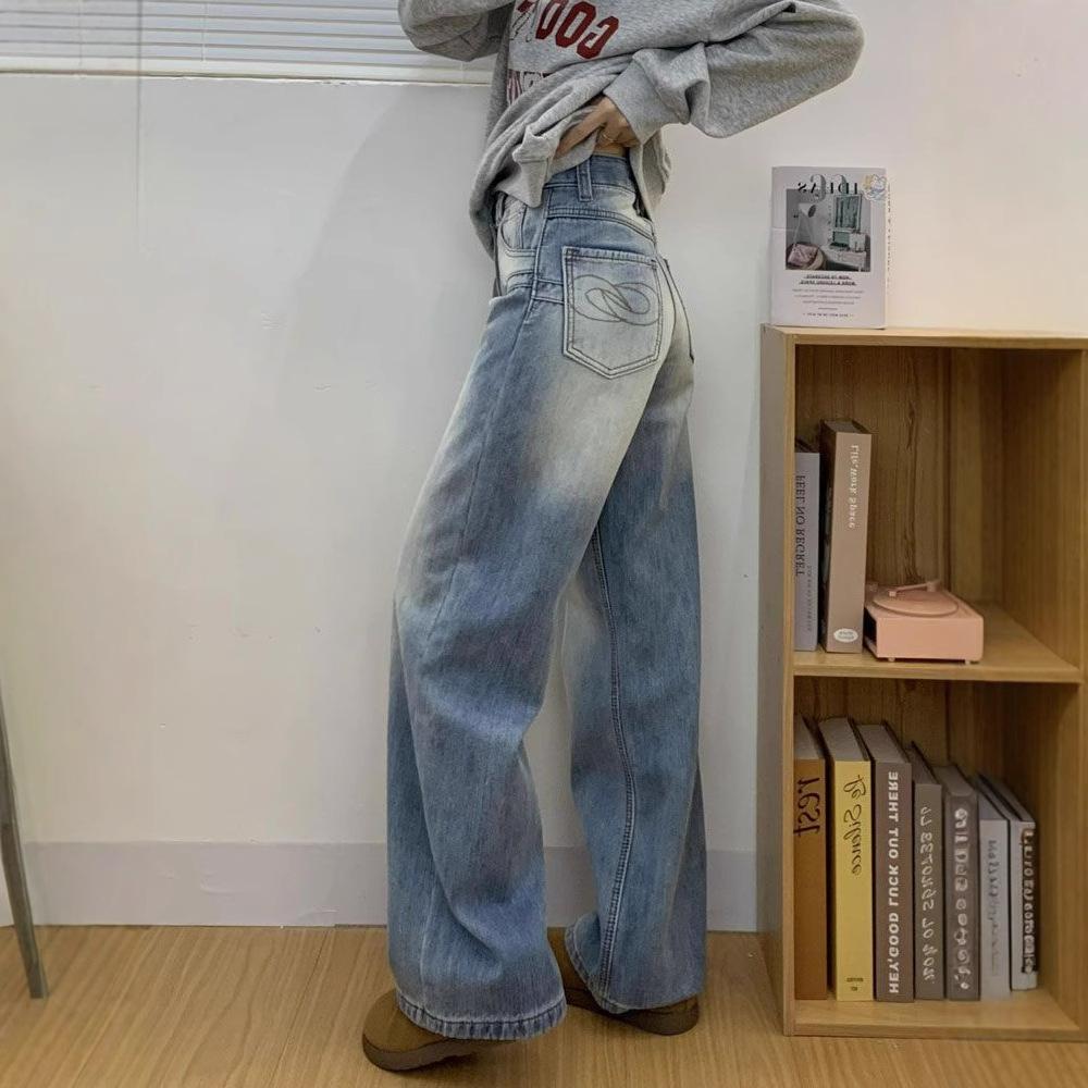 Stylish High Street Washed Jeans Women's Summer Vintage Straight Pants Peplum Loose Skinny Wide Leg Pants Retro Street Style Baggy Jeans for Ladies