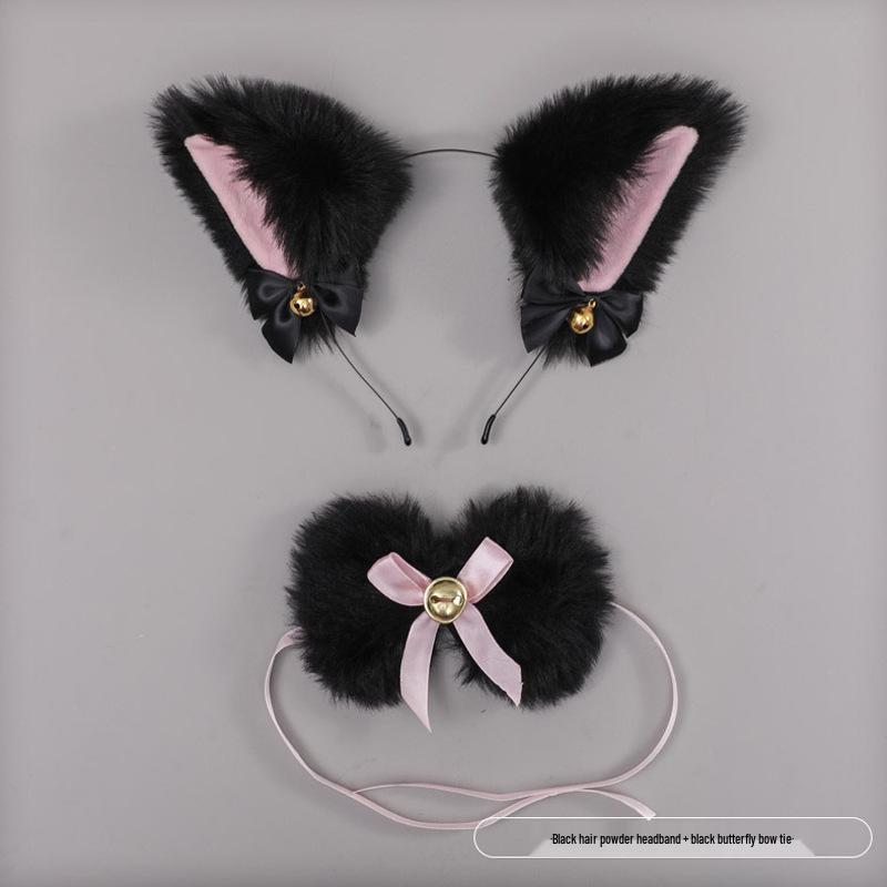 Lolita Fox Ear Cosplay Cat Headband & Erotic Bell Necklace Set with Cute Bow.