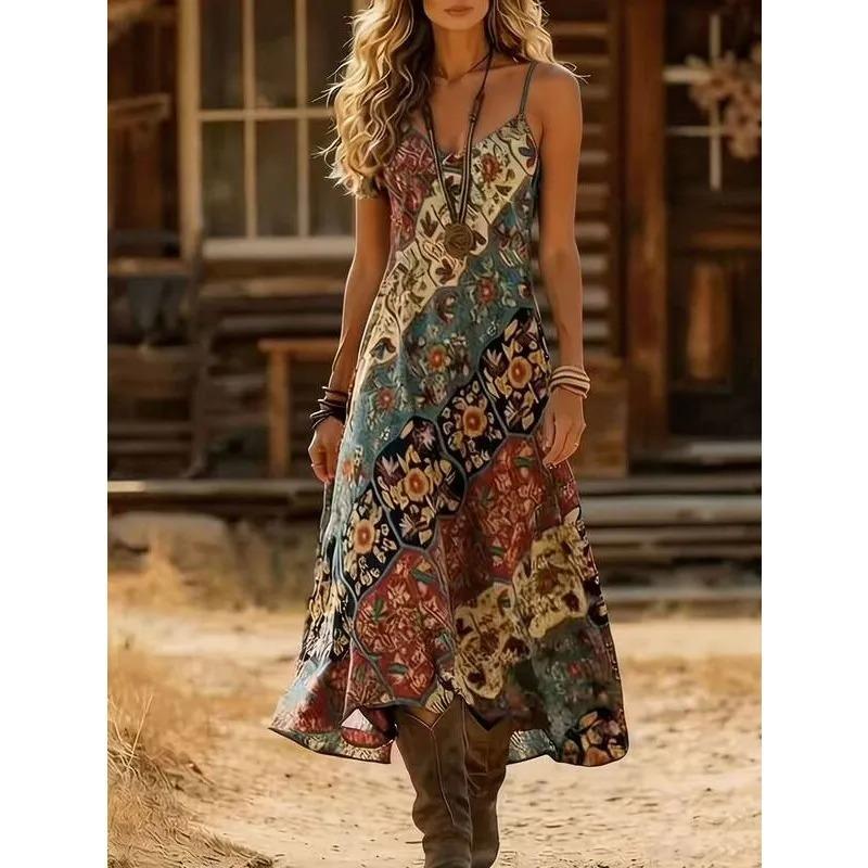 Dam Boho Paisley-mönstrad Cami Miniklänning V-ringad Ärmlös Sommar Strand Solklänning