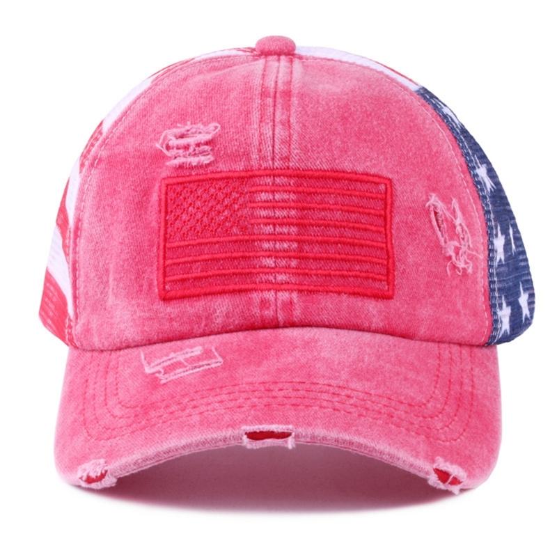 Distressed Wash Cotton Baseball Hat with Star Print Curved Brims Mesh Ponytail Sun Hat for Patriotic Women Teens Girl