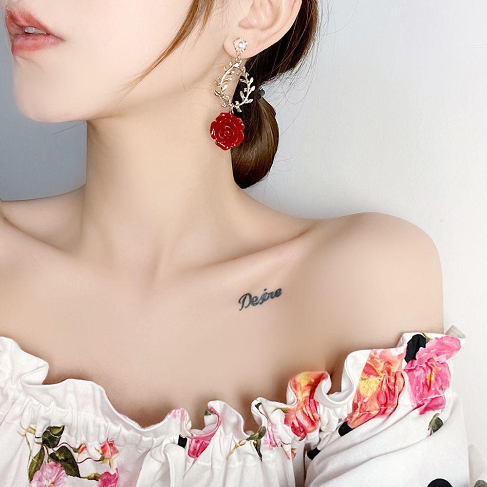 Asymmetric For Girls Pearl Women Stud Earrings Drop Earrings Korean Dangle Earrings Red Rose Flower