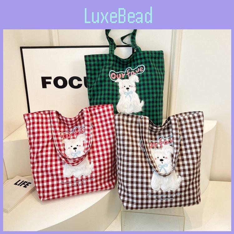 Checkered Embroidered Puppy Printed Canvas Shoulder Bag Outdoor Crossbody Bag