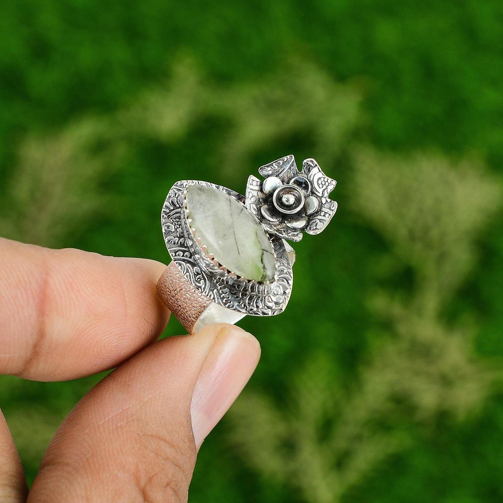 Natural Rutile Gemstone Promise Flower Black Ring Size 7 925 Sterling Silver