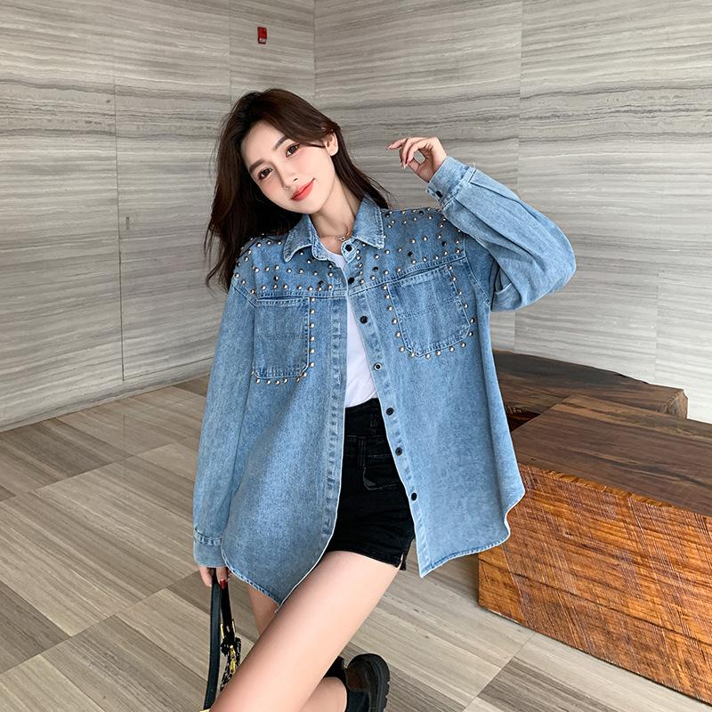 2026 Autumn Women's Korean Style Loose Beaded Denim Jacket Shirt