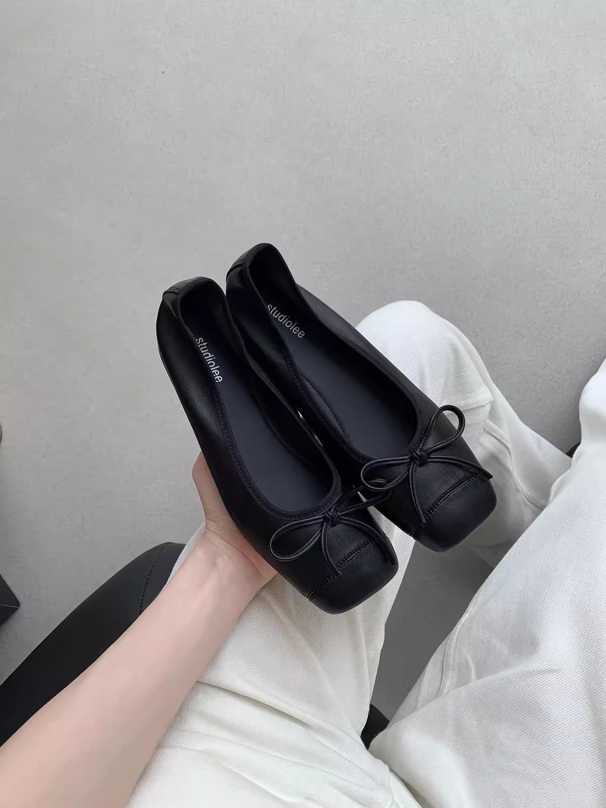 

Sheepskin version~ genuine leather French retro flat-bottomed ballet shoes women s head pedal bow single shoes grandma shoes 35