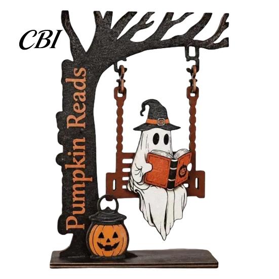 Kantoorbureau Decoratie Items Halloween Desktop Schommel Decor, Spookachtige Huis Lezen Geest op Een Beeldje Uniek Houtbewerking Cadeaus voor Woonkamer Keuken