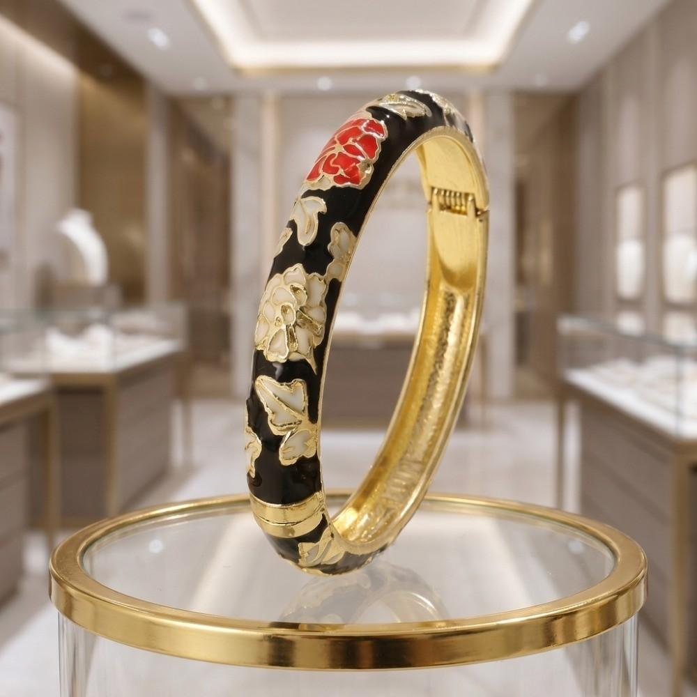 Floral Peony Chinese Flower Bangle Enamel Women's Hand Bracelet Gifts for Women Girl