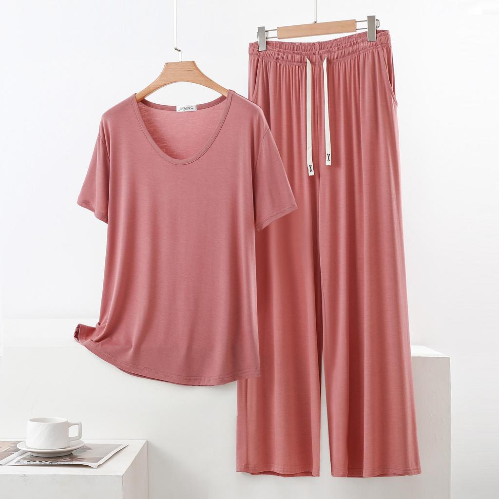 Set Pigiama Estivo da Donna in Modal - Manica Corta, Pantaloni Lunghi a Gamba Larga, Taglie Forti, Abbigliamento Casual e da Esterno