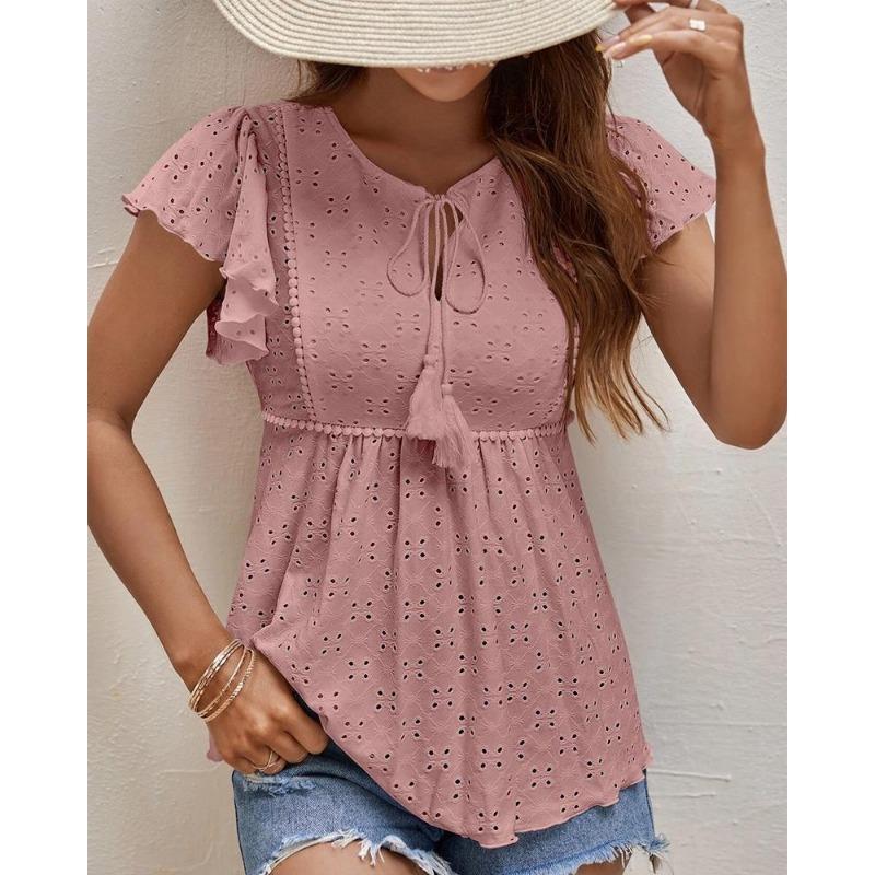 Nuovo Top Estivo da Donna Taglie Forti con Frange Jacquard Traforato
