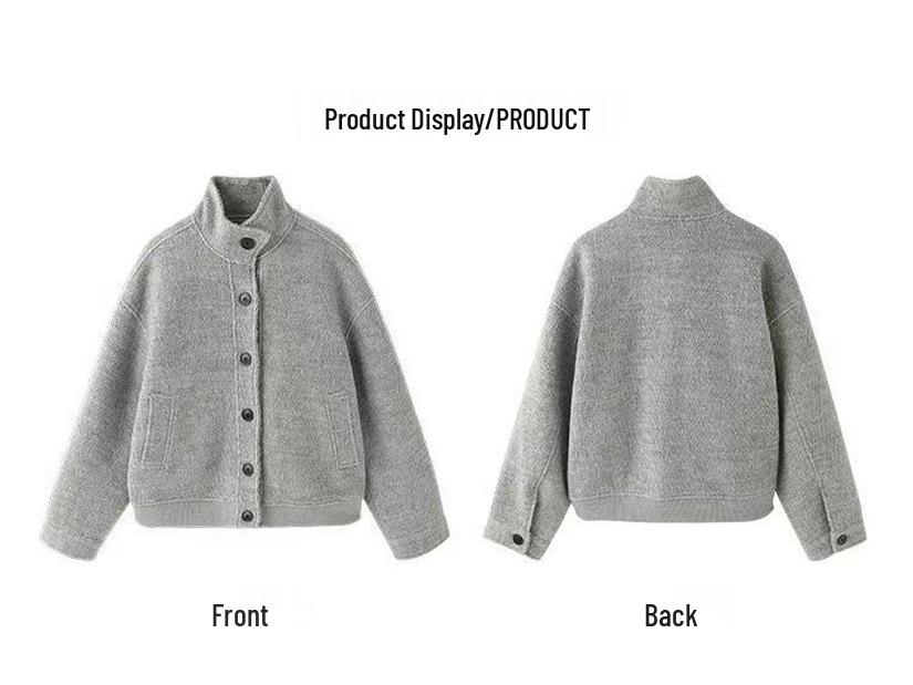 American Retro Gray Wool Blend Stand Collar Jacket - Women's Casual Autumn/Winter Top