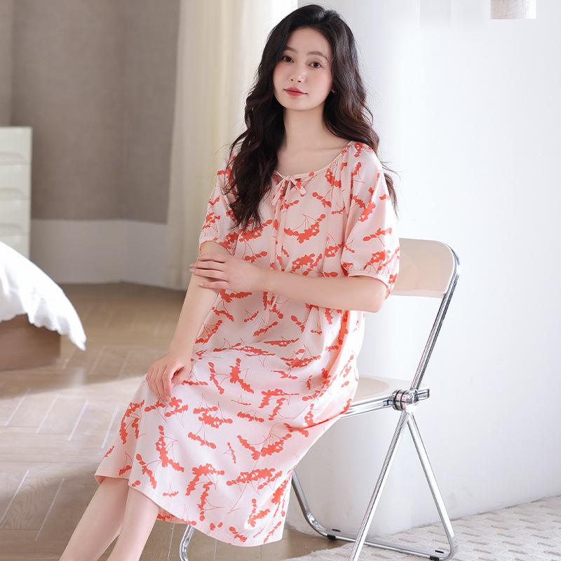 Pajamas Women's Summer with Chest Pads Short Sleeves Cotton Pajamas Skirts Long Summer Thin Maternity Large Size Dresses