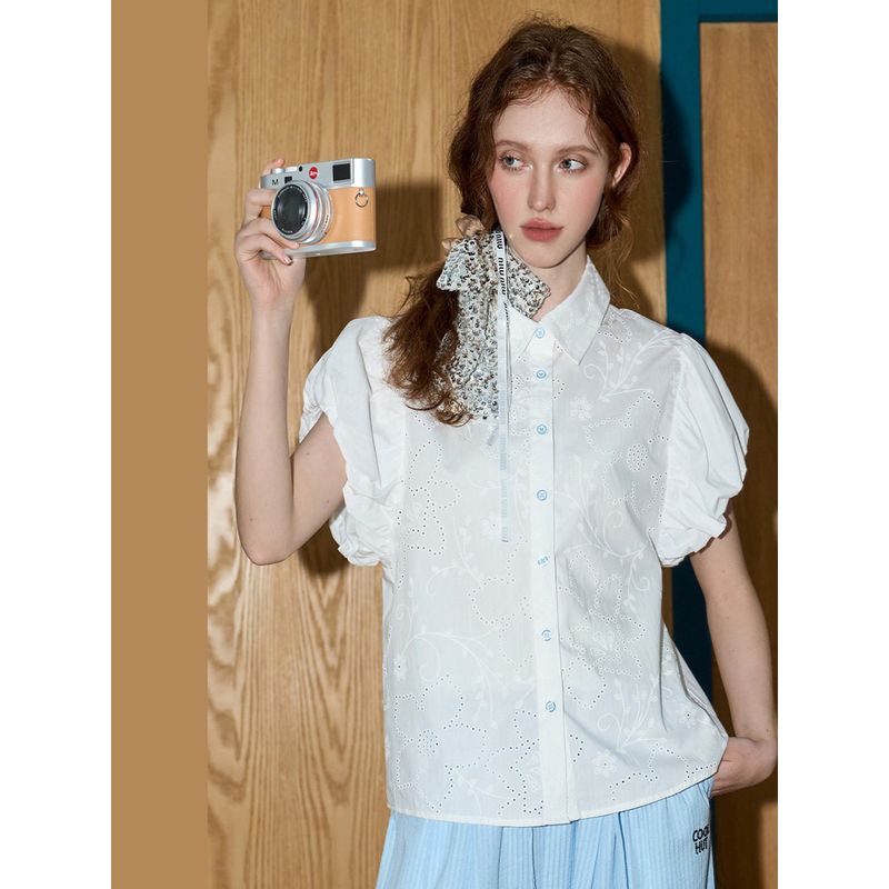 Coolhut French Style Cut Out Puff Sleeve White Shirt Short Sleeve Design 2025 Summer Women's Shirt Retro Pure Cotton