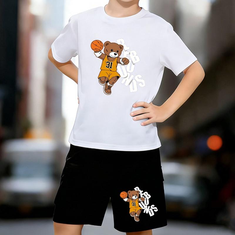 

Boys 2 Piece Cute Bear Print Outfit, Short Sleeve T-Shirt and Shorts Set for Kids Age 5-14,Black and White Sporty Casual Summer Clothes 13-14 Years