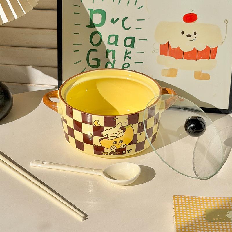 Ins Cream Wind Banana Puppy Binaural Instant Noodle Bowl Student Dormitory Rice Bowl 2025 New Snail Powder Bowl