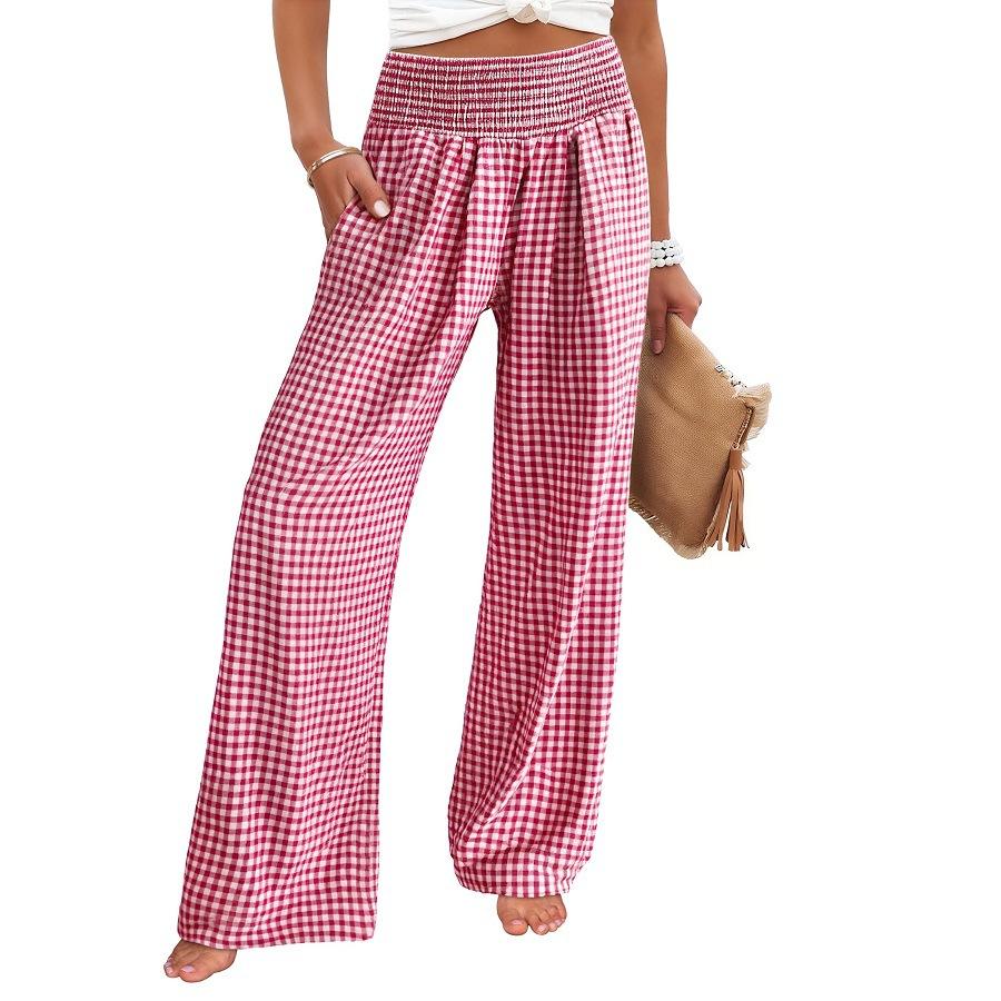 Women's High Waist Elastic Waistband Wide Leg Pants Multi Color and Pattern Plaid and Solid Options