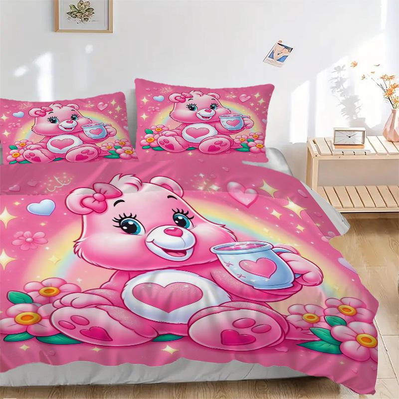 Pink Bear Heart Flowers Print 3Pcs Bedding Setduvet Cover With 2 Bedropillowcase Home Birthday Gift