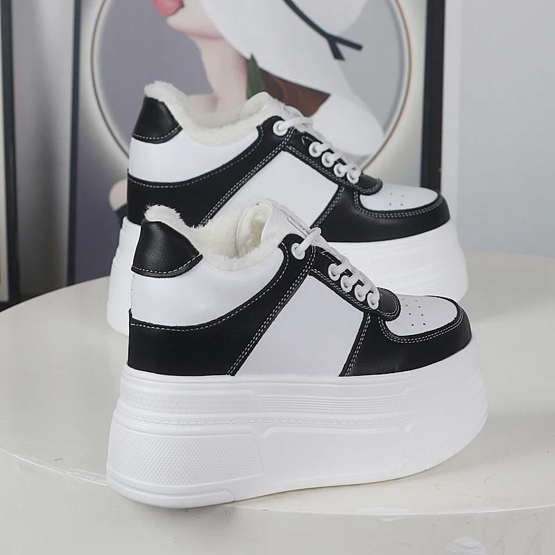 Fashion 12CM Genuine Leather Thick Sole Hidden Heel Fashion Vulcanize Ankle Booties Winter Plush Autumn Spring Shoes